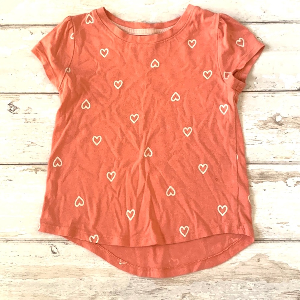 Cat & Jack 4T Girls Salmon Coral Pink Heart Print Shirt Short Sleeves Toddler